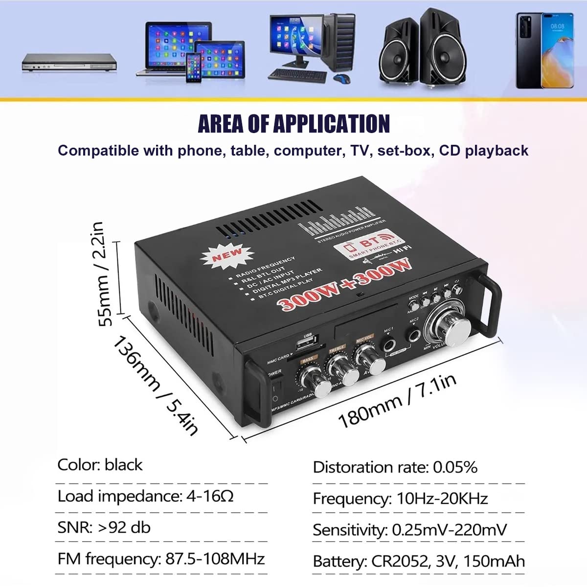Amplificador Etlephe 600W - Bluetooth, 2 Canales, USB/SD/FM