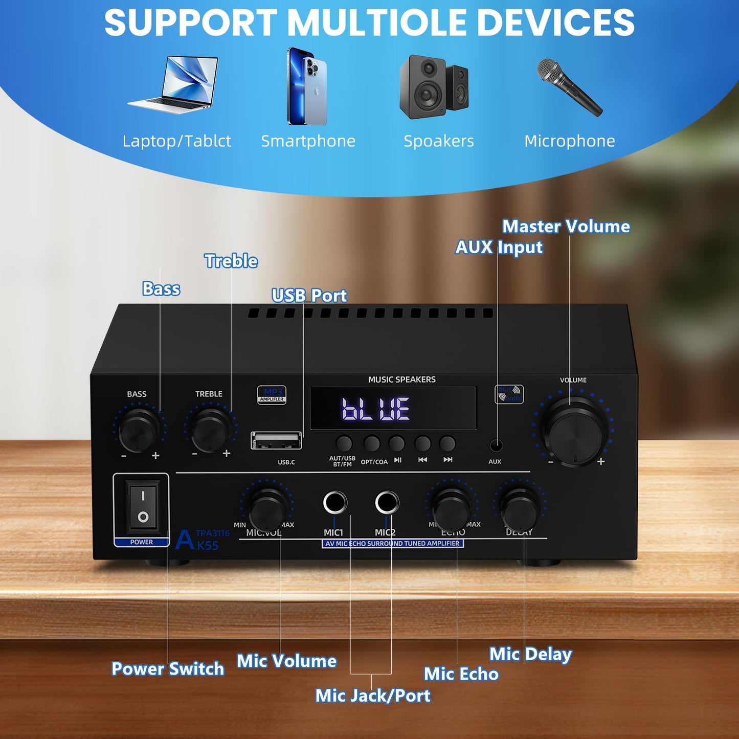 Amplificador 2 Canales 1000W - Bluetooth, USB/FM, 50Wx2
