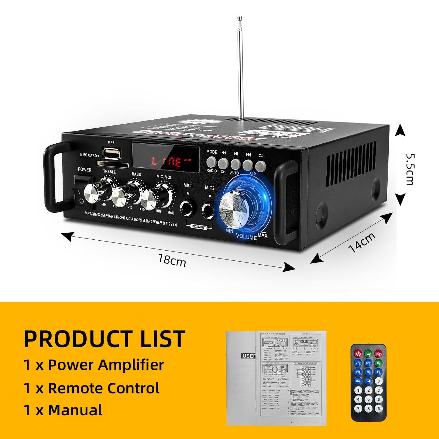 Amplificador Bluetooth Mini 600W - 2 Canales, USB/SD/FM