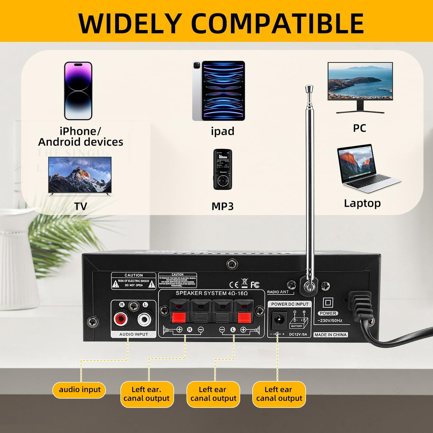 Amplificador Bluetooth Mini 600W - 2 Canales, USB/SD/FM