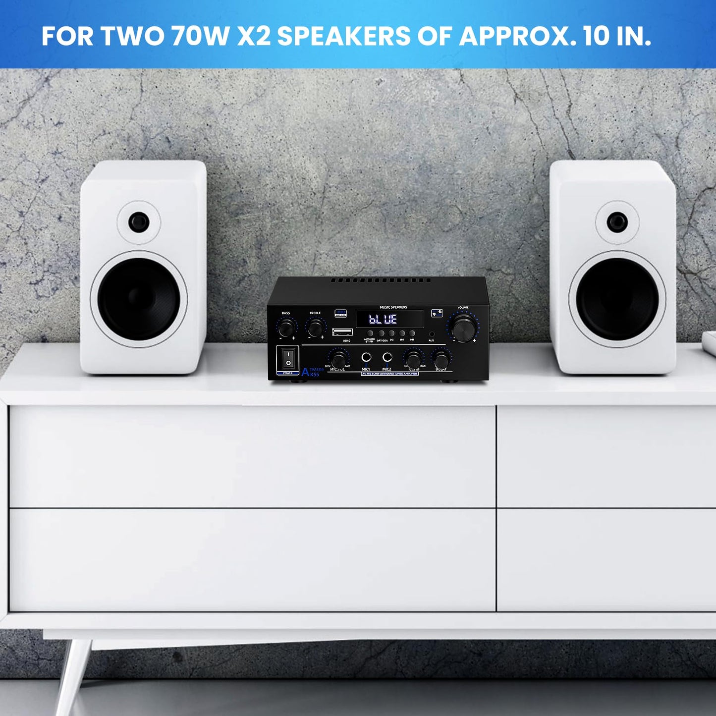 Amplificador 2 Canales 1000W - Bluetooth, USB/FM, 50Wx2