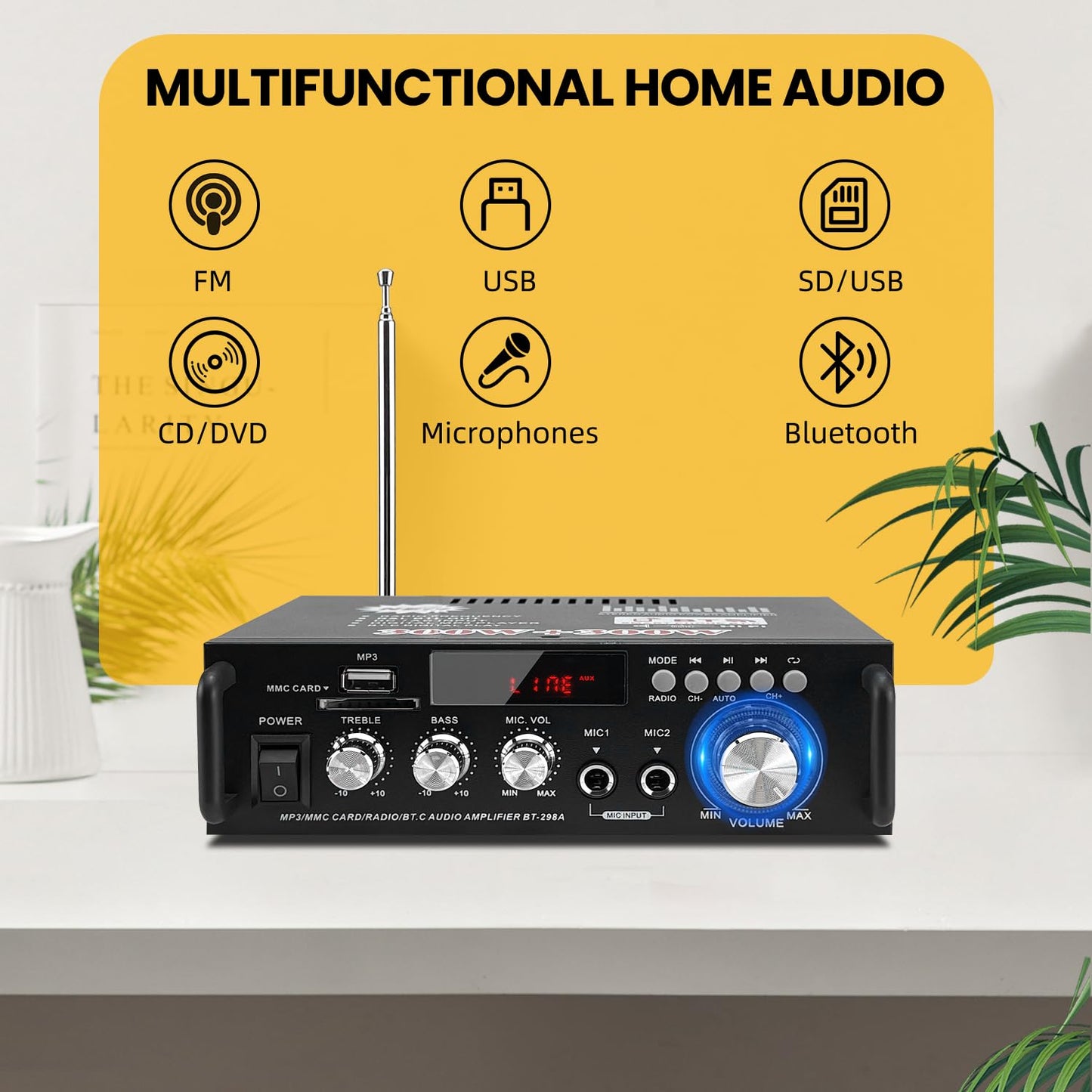 Amplificador Bluetooth Mini 600W - 2 Canales, USB/SD/FM