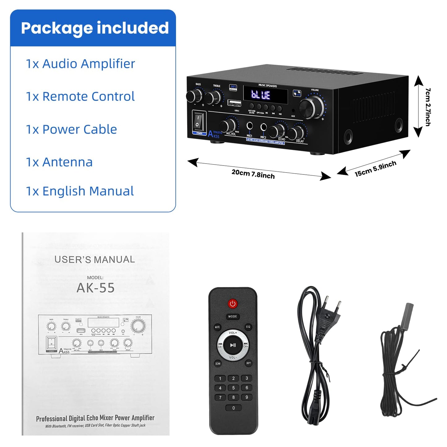 Amplificador 2 Canales 1000W - Bluetooth, USB/FM, 50Wx2