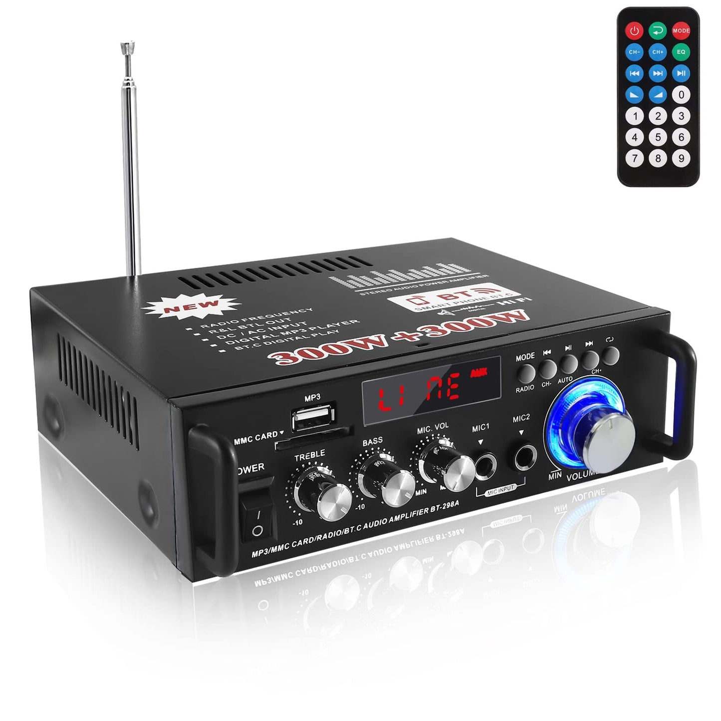 Amplificador Etlephe 600W - Bluetooth, 2 Canales, USB/SD/FM