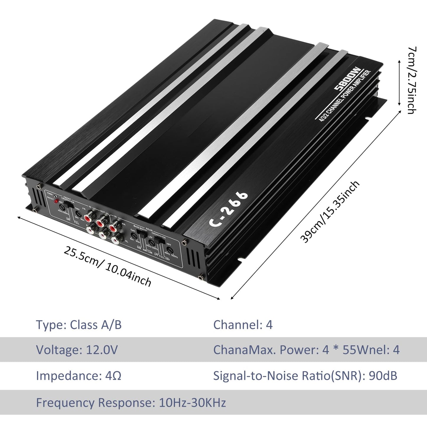 Amplificador Coche Shkalacar 4 Canales - 5800W, Clase A/B, 12V