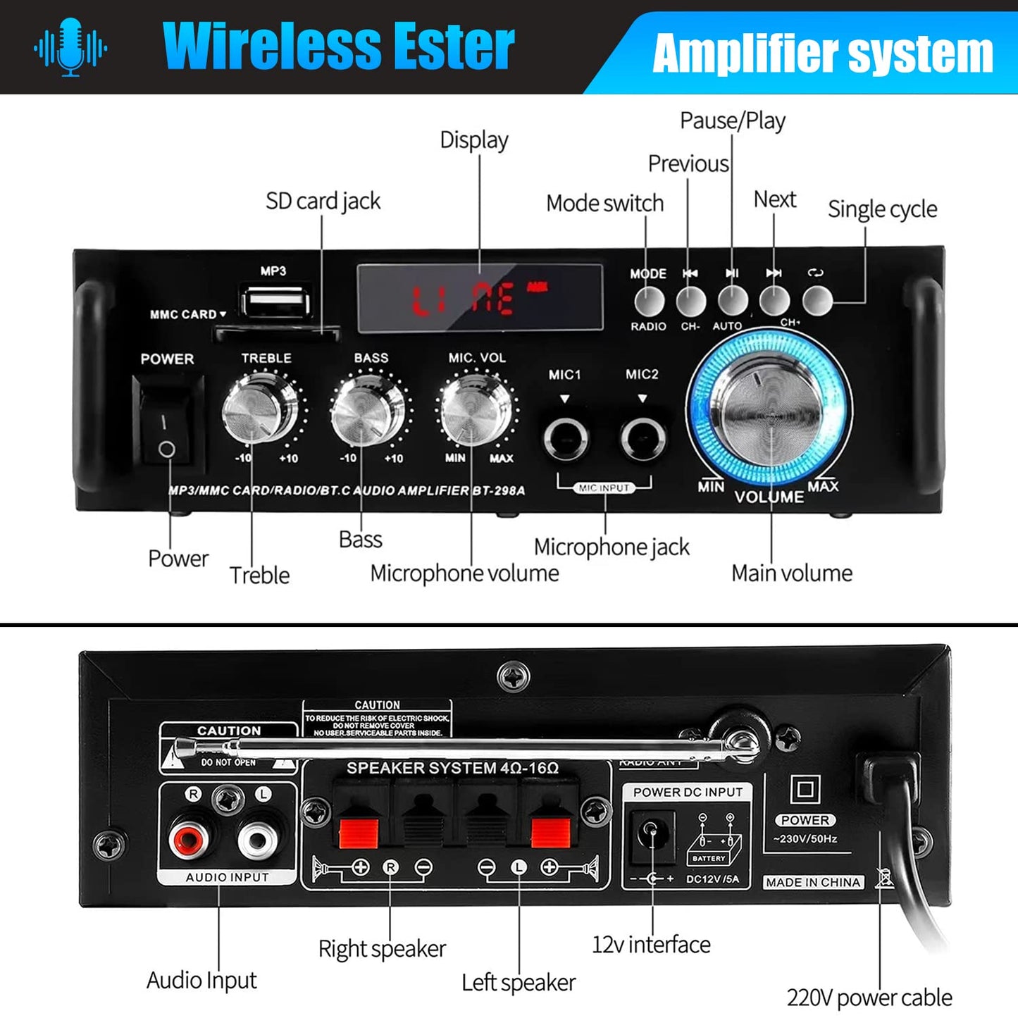 Amplificador Etlephe 600W - Bluetooth, 2 Canales, USB/SD/FM