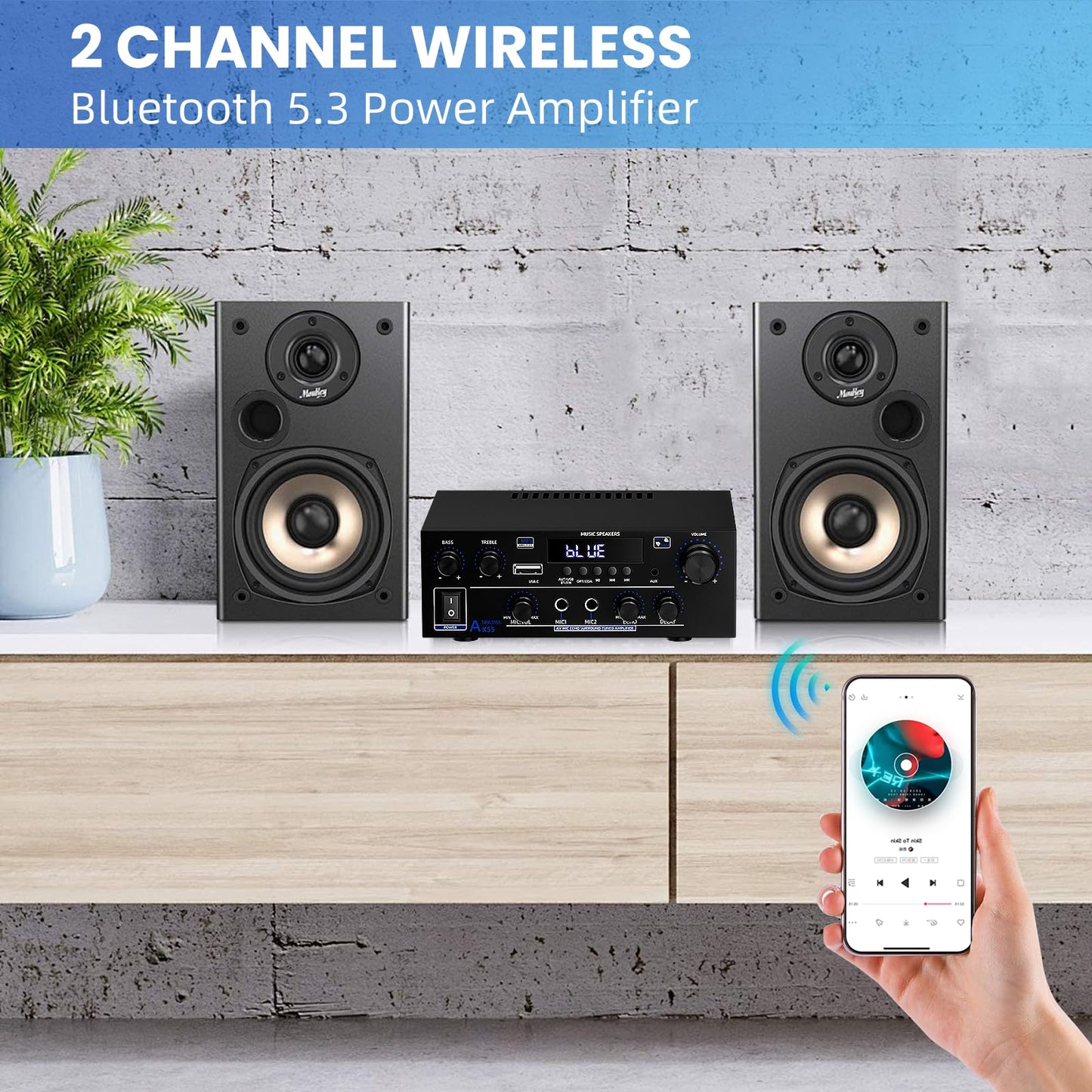 Amplificador 2 Canales 1000W - Bluetooth, USB/FM, 50Wx2