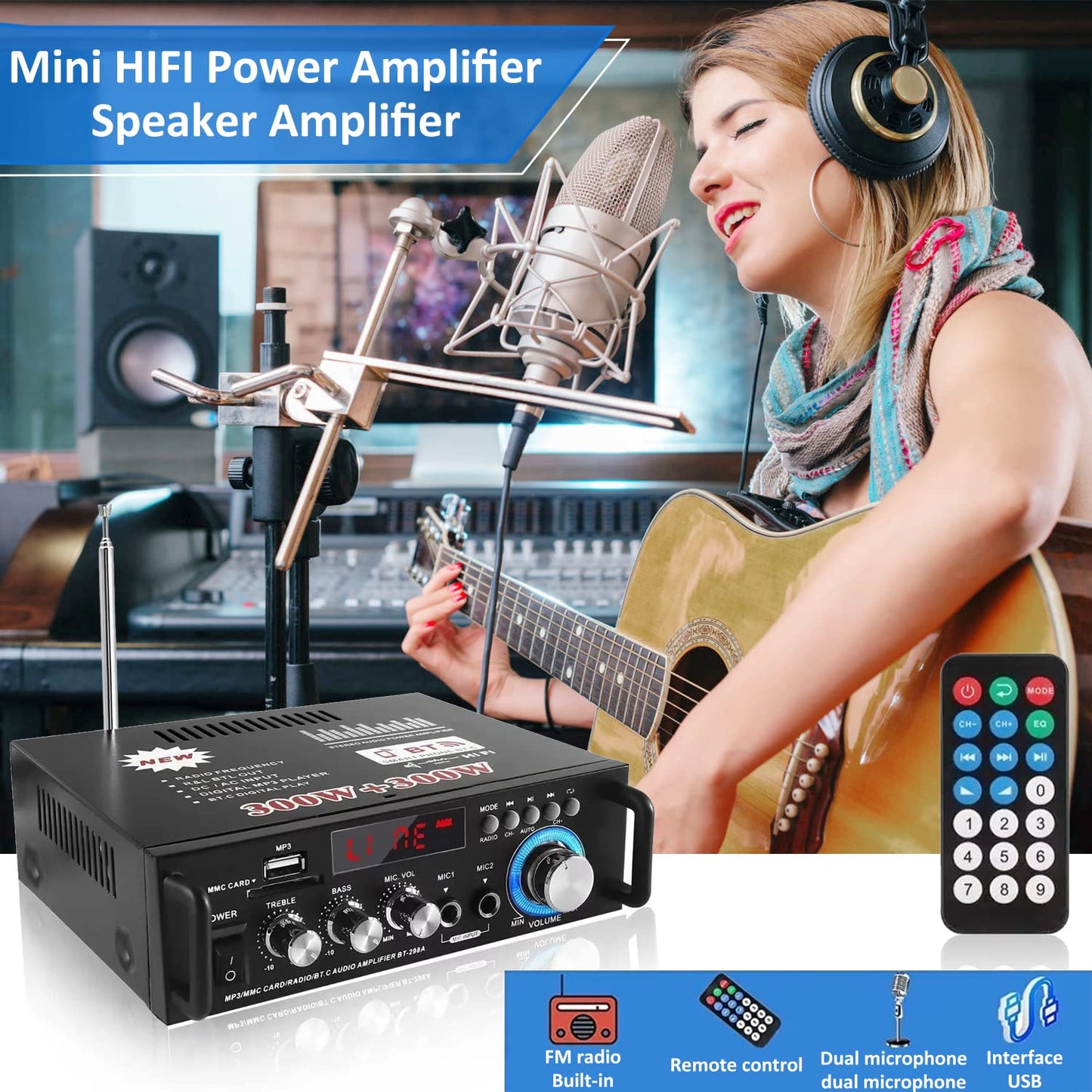 Amplificador Etlephe 600W - Bluetooth, 2 Canales, USB/SD/FM