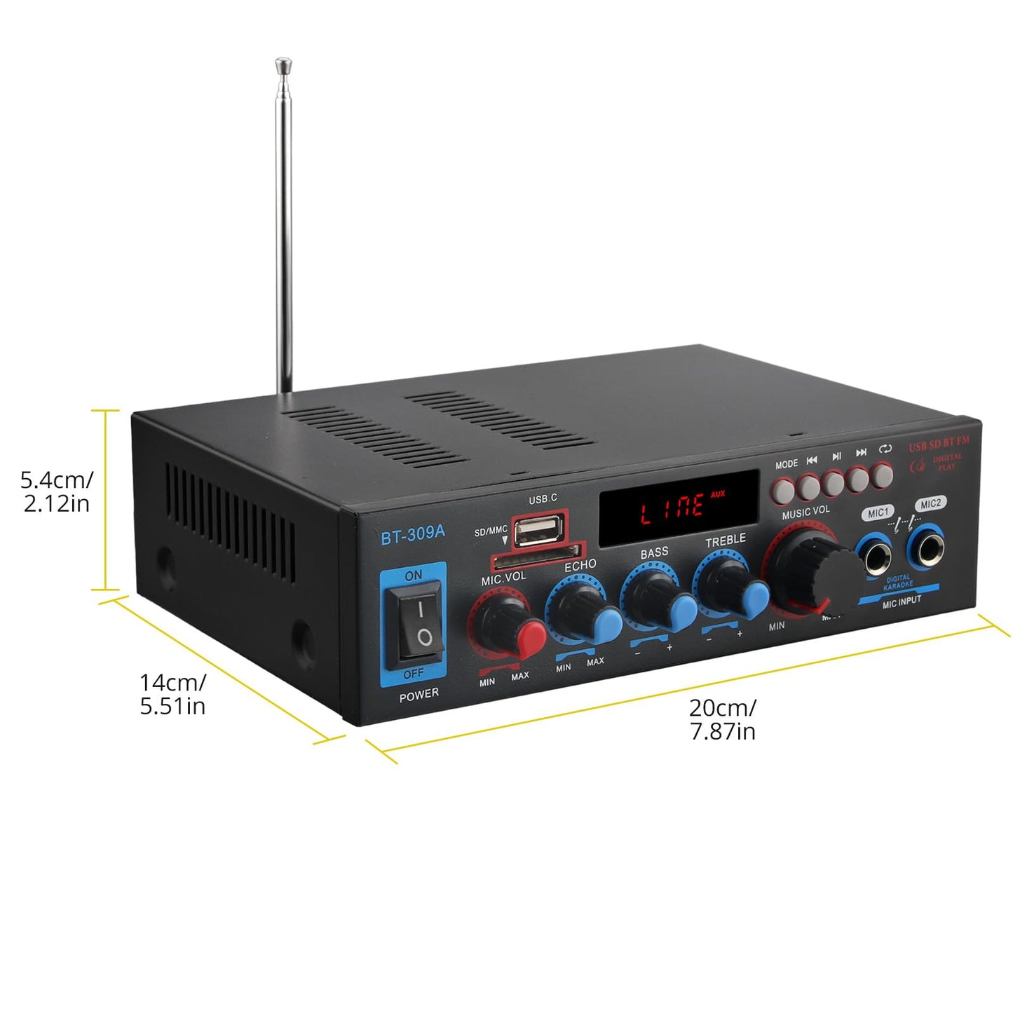 Amplificador PROZOR 800W - Bluetooth, 2 Micrófonos, SD/FM