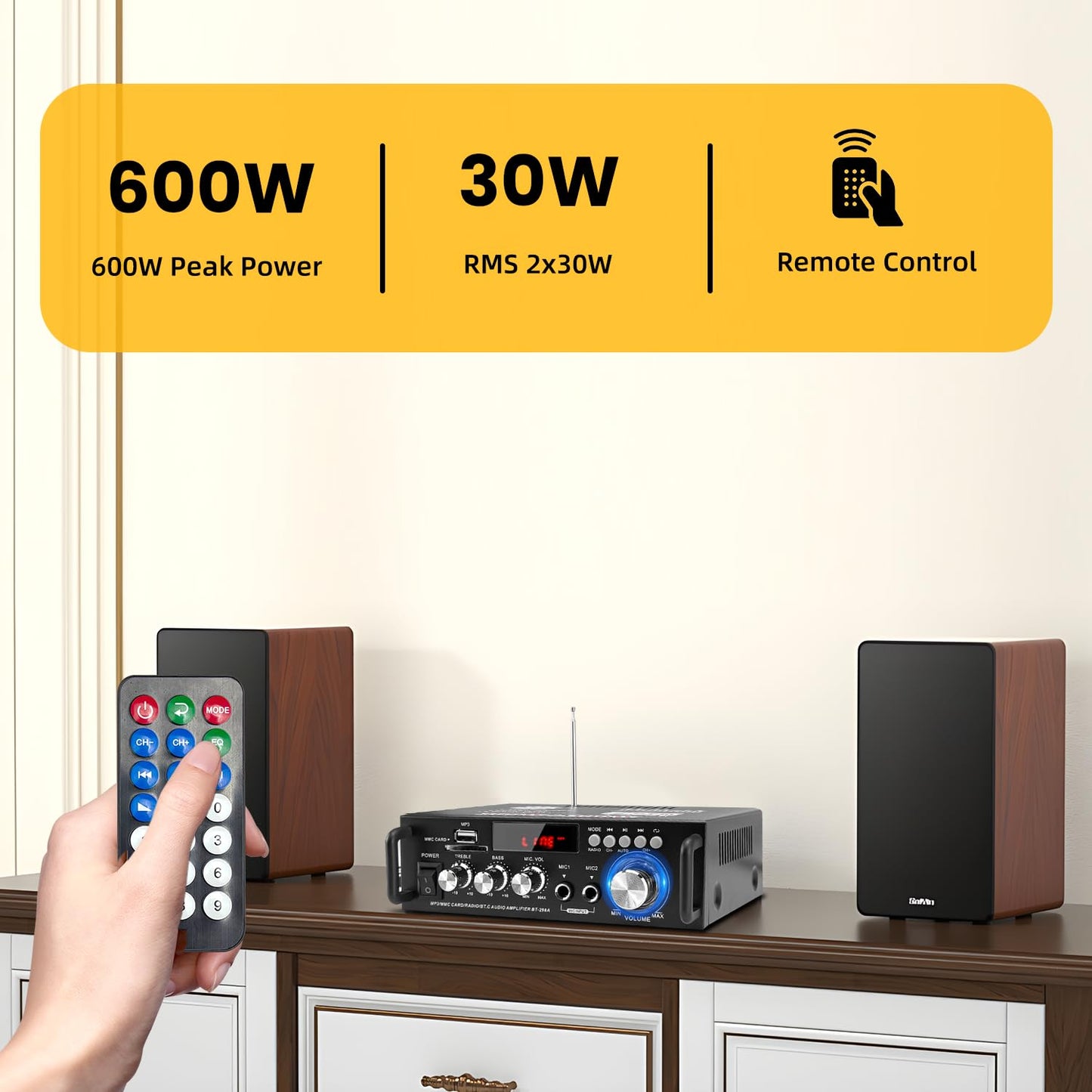 Amplificador Bluetooth Mini 600W - 2 Canales, USB/SD/FM