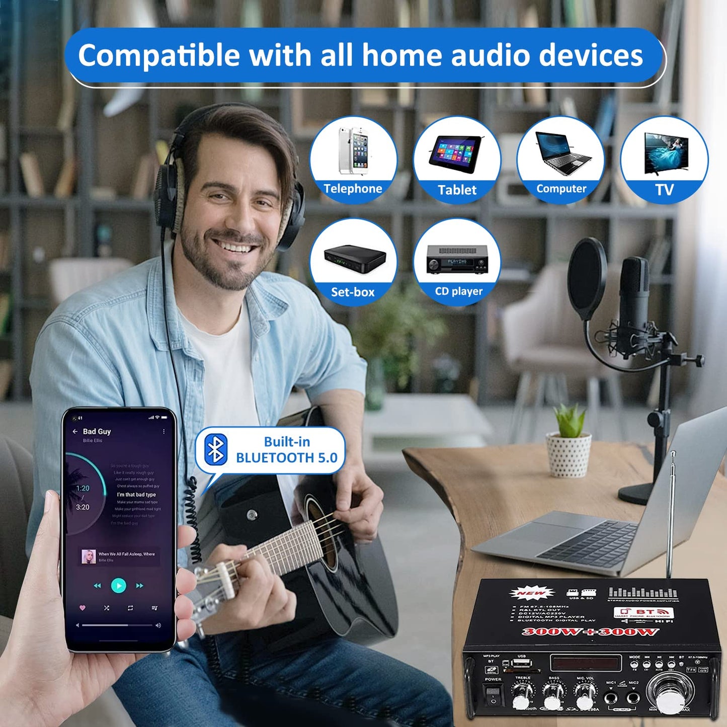 Amplificador Etlephe 600W - Bluetooth, 2 Canales, USB/SD/FM