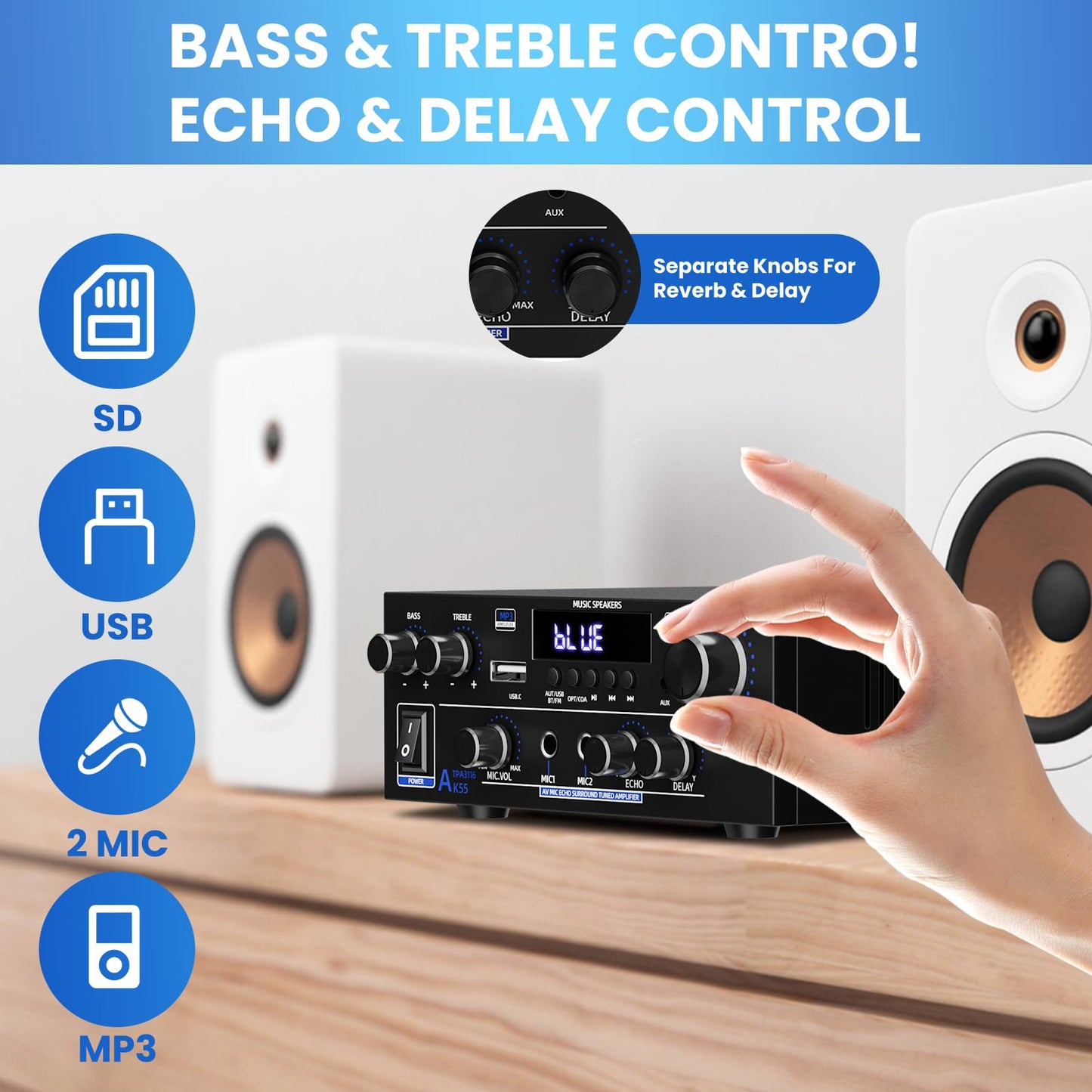 Amplificador 2 Canales 1000W - Bluetooth, USB/FM, 50Wx2