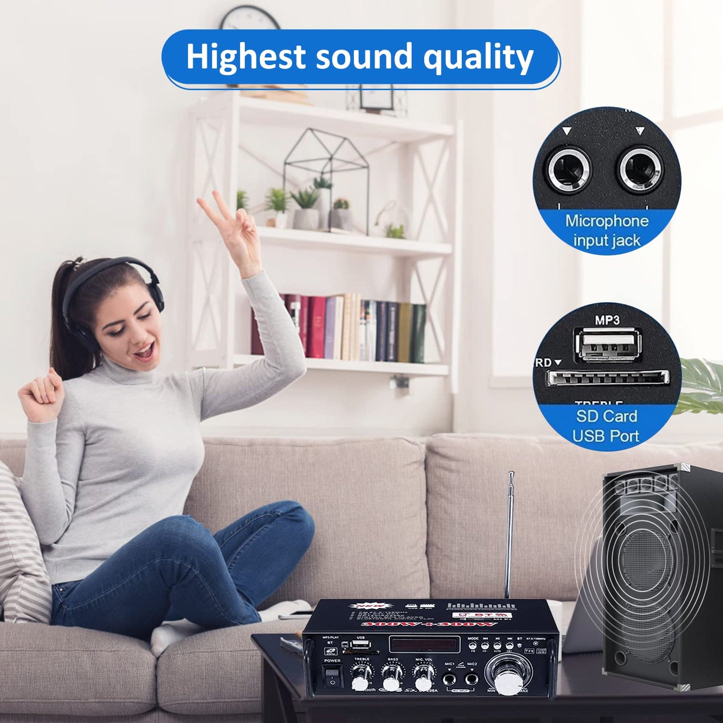 Amplificador Etlephe 600W - Bluetooth, 2 Canales, USB/SD/FM