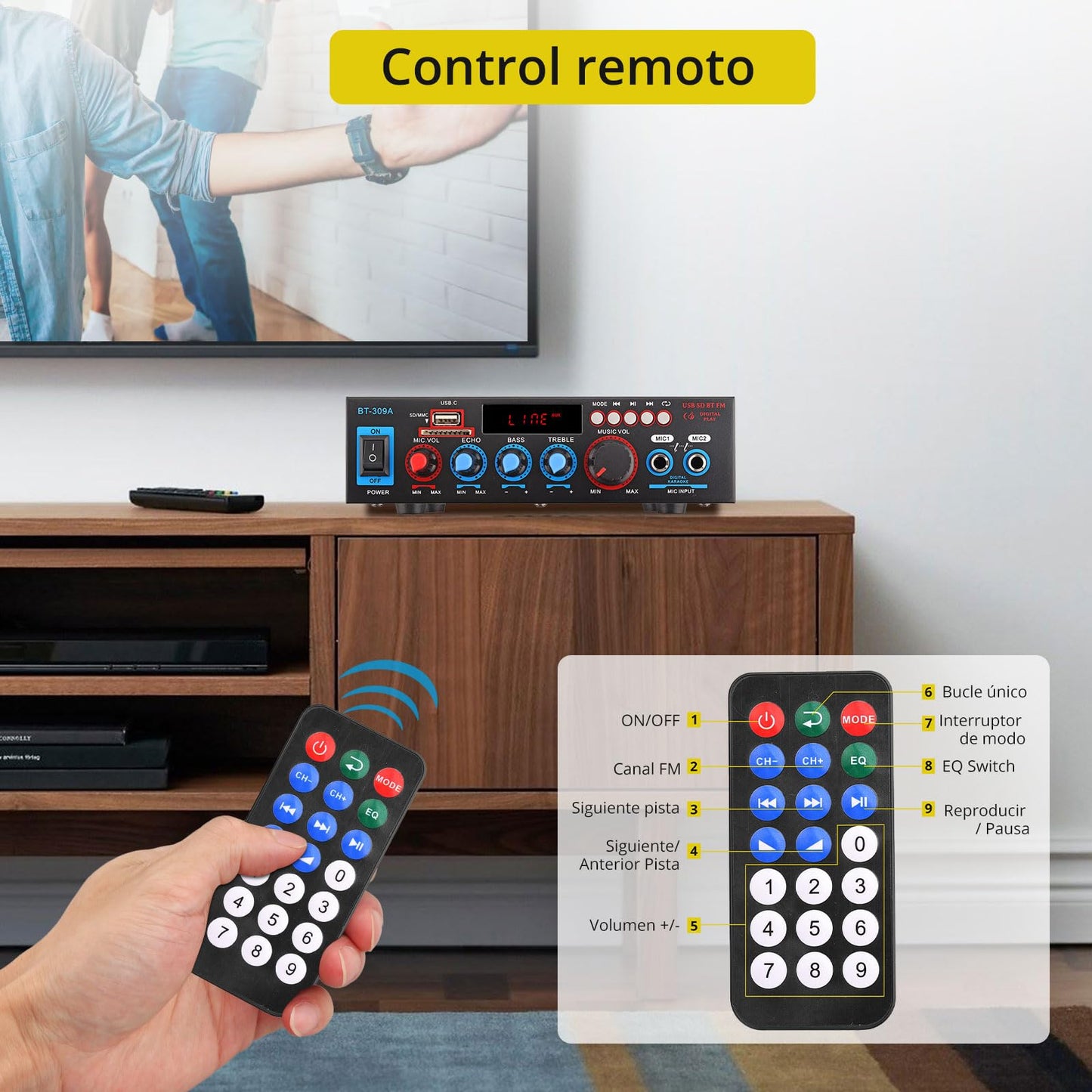 Amplificador PROZOR 800W - Bluetooth, 2 Micrófonos, SD/FM