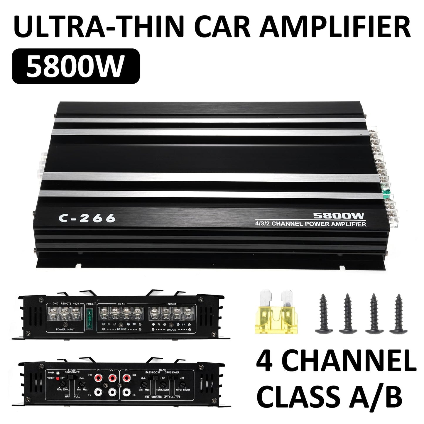 Amplificador Coche Shkalacar 4 Canales - 5800W, Clase A/B, 12V