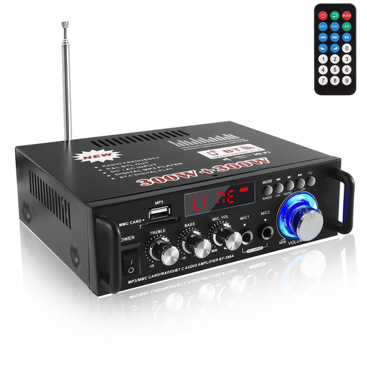 Amplificador Etlephe 600W - Bluetooth, 2 Canales, USB/SD/FM