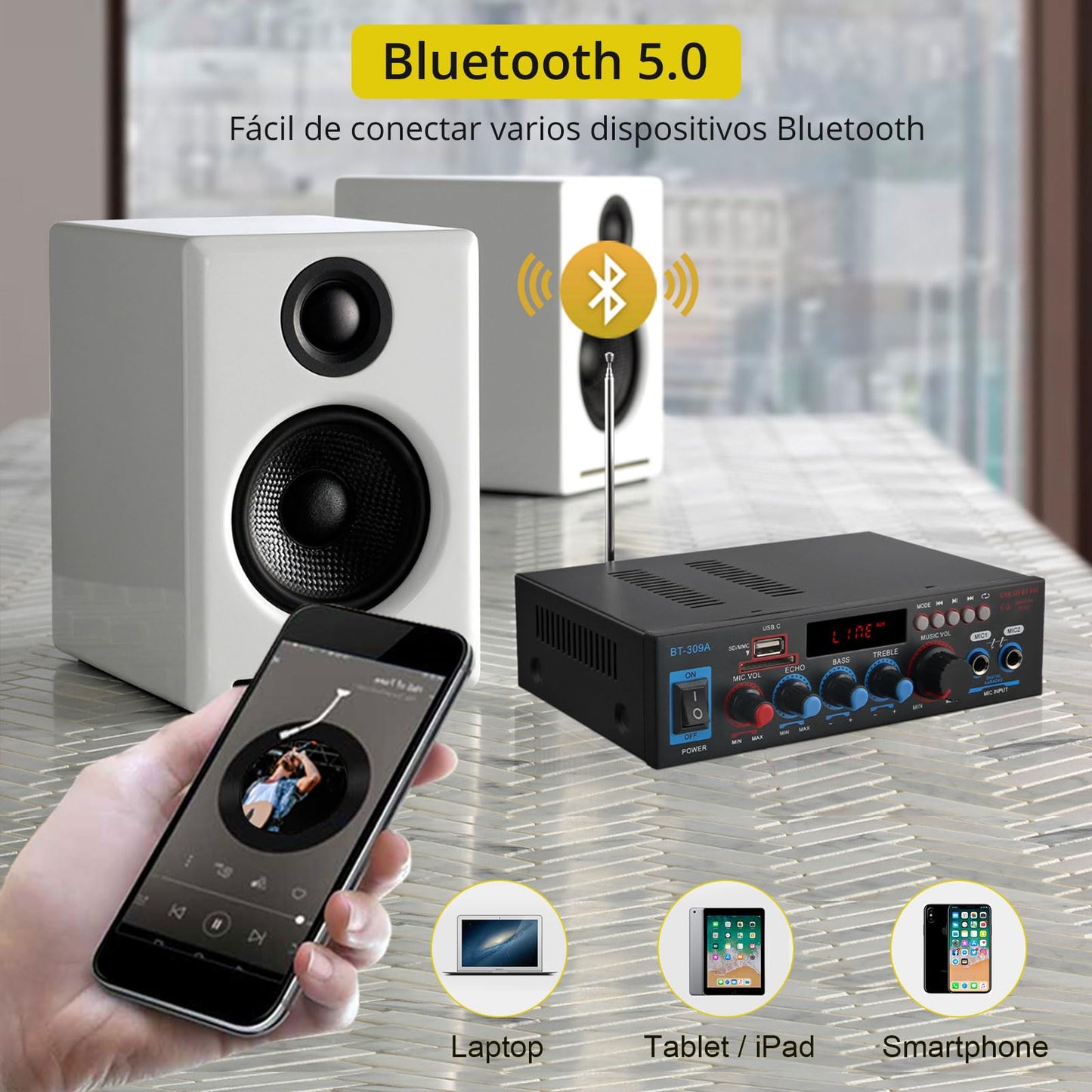 Amplificador PROZOR 800W - Bluetooth, 2 Micrófonos, SD/FM