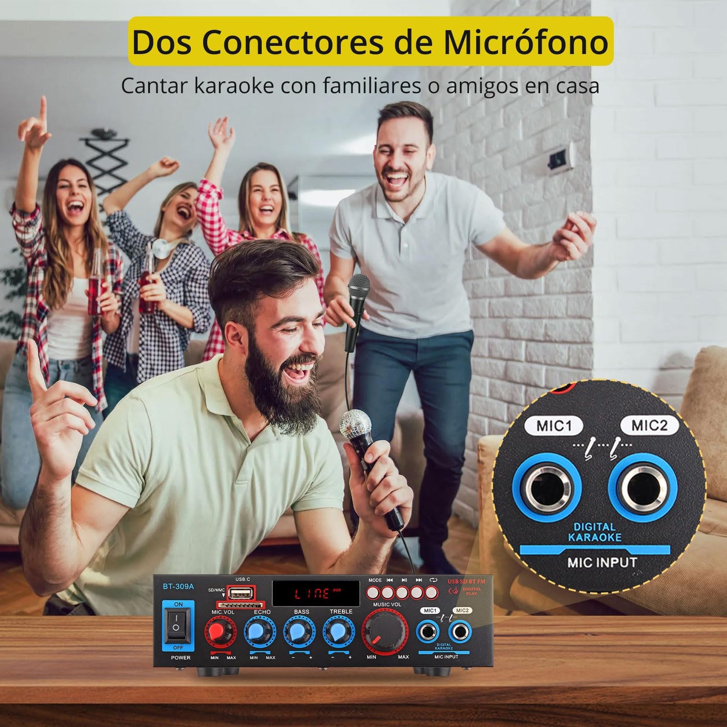 Amplificador PROZOR 800W - Bluetooth, 2 Micrófonos, SD/FM
