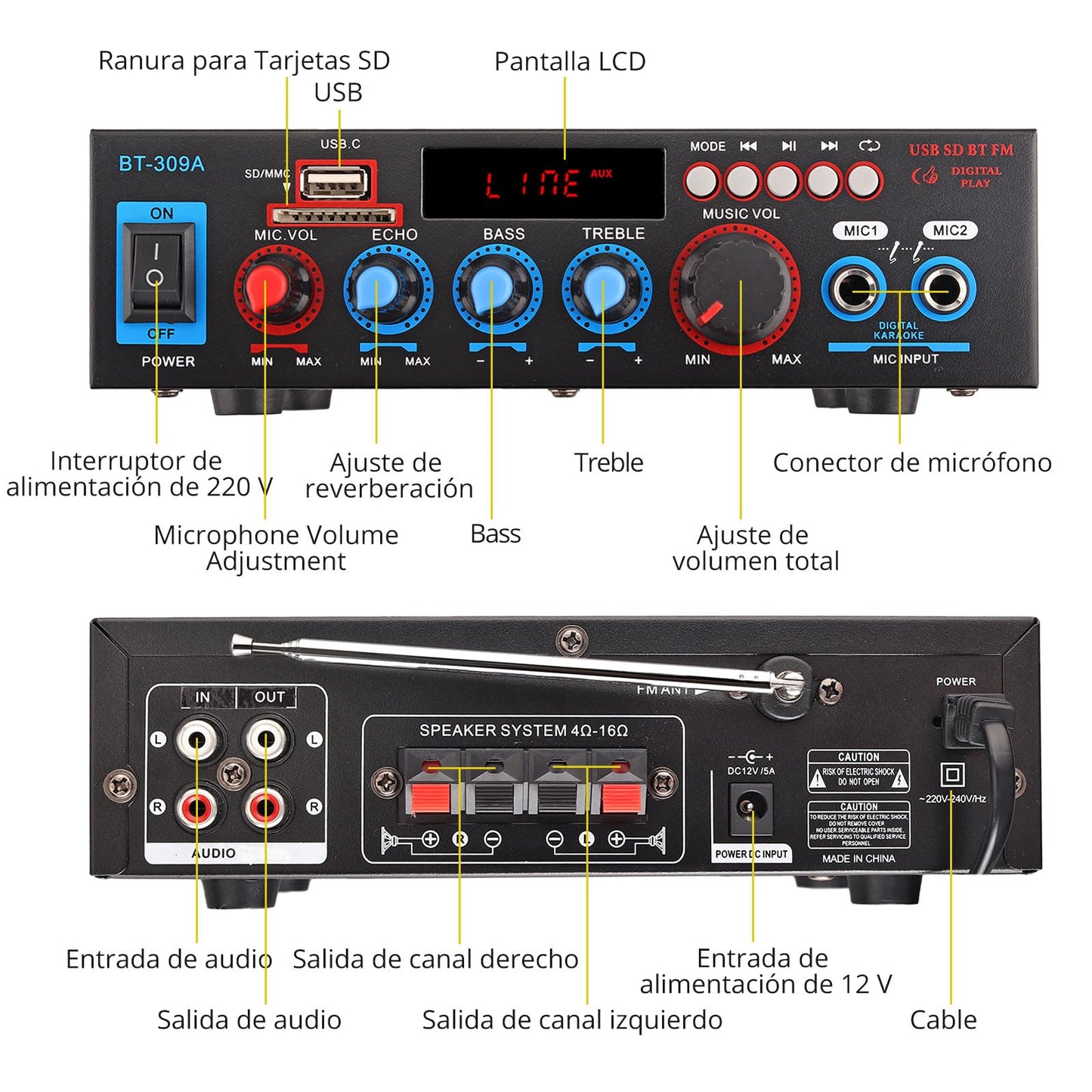 Amplificador PROZOR 800W - Bluetooth, 2 Micrófonos, SD/FM